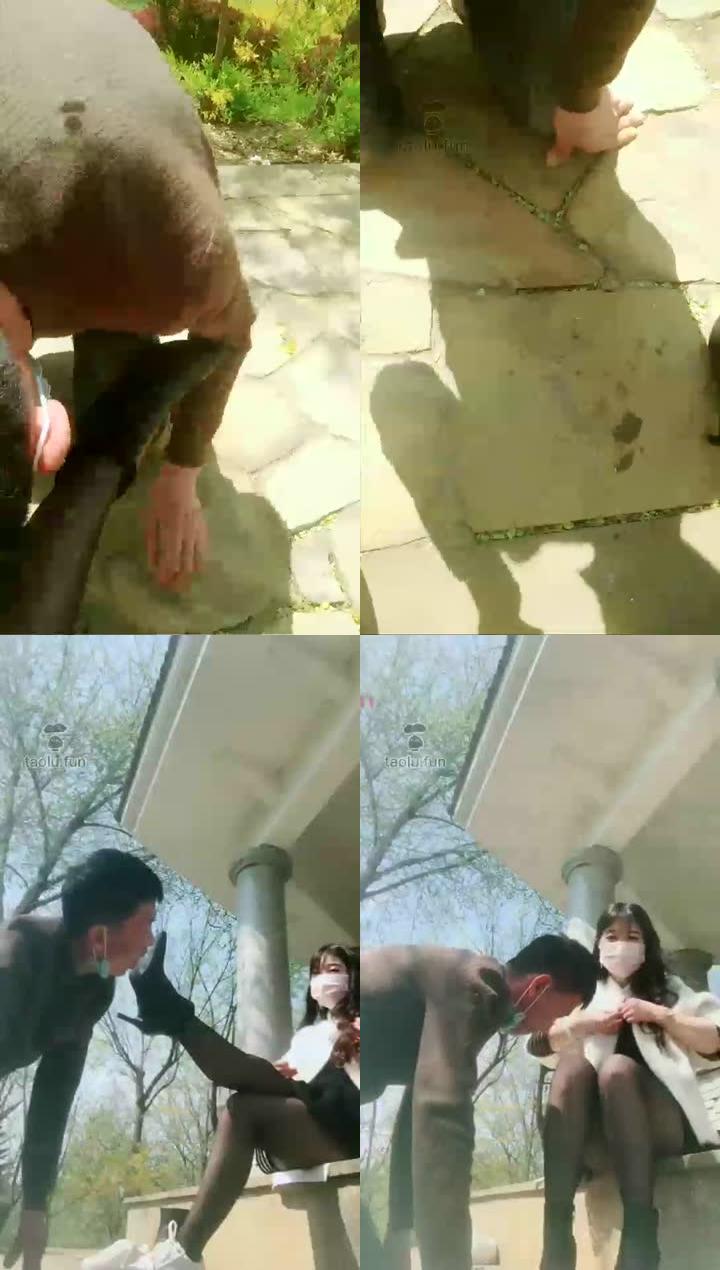 【聊城魅影】户外短靴黑丝踩饼吐口水羞辱狗