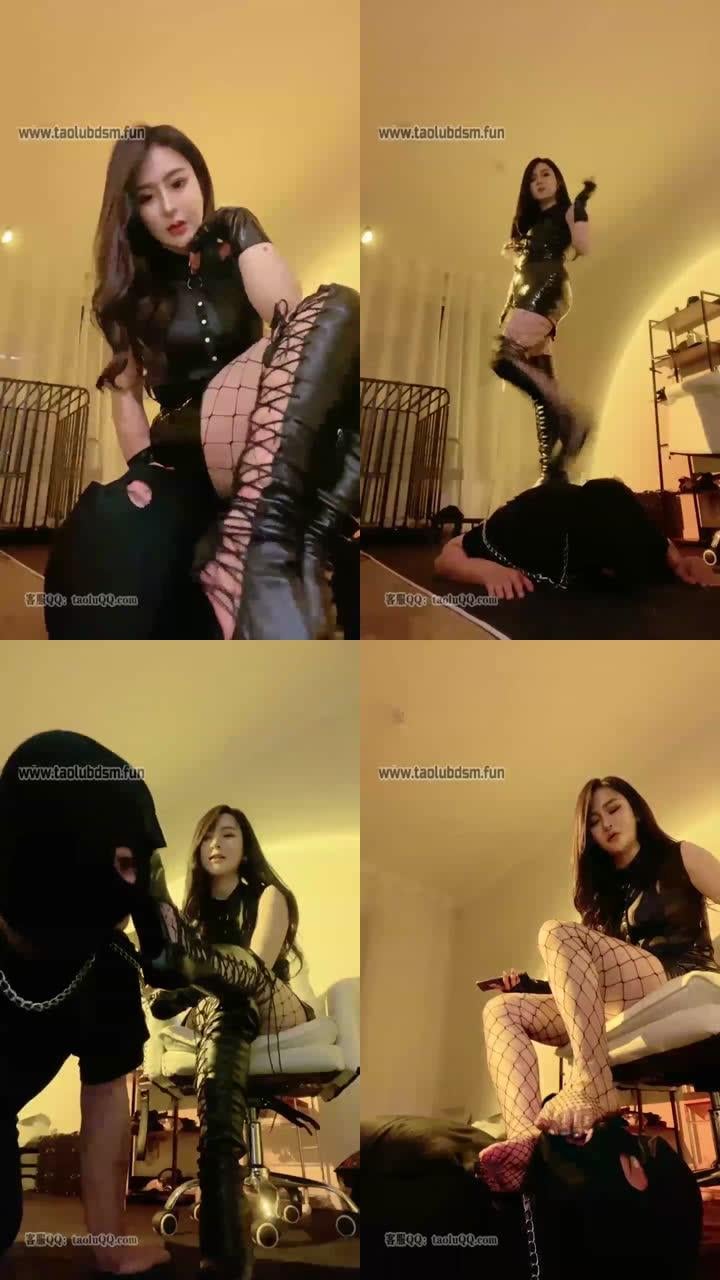 【分吟】女神穿着皮衣网袜调教，奴爽死了