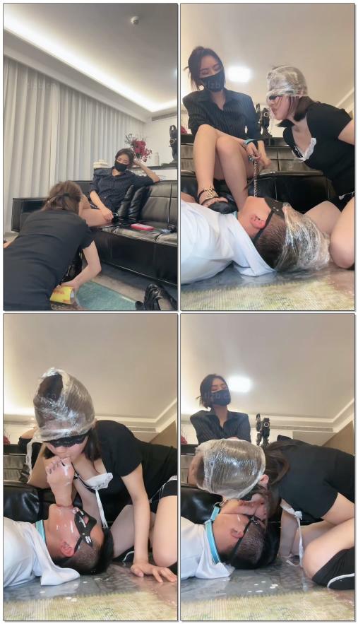 【妆主大大】情侣M头顶高跟保鲜膜窒息吮吸酸奶脚M下M舔脚