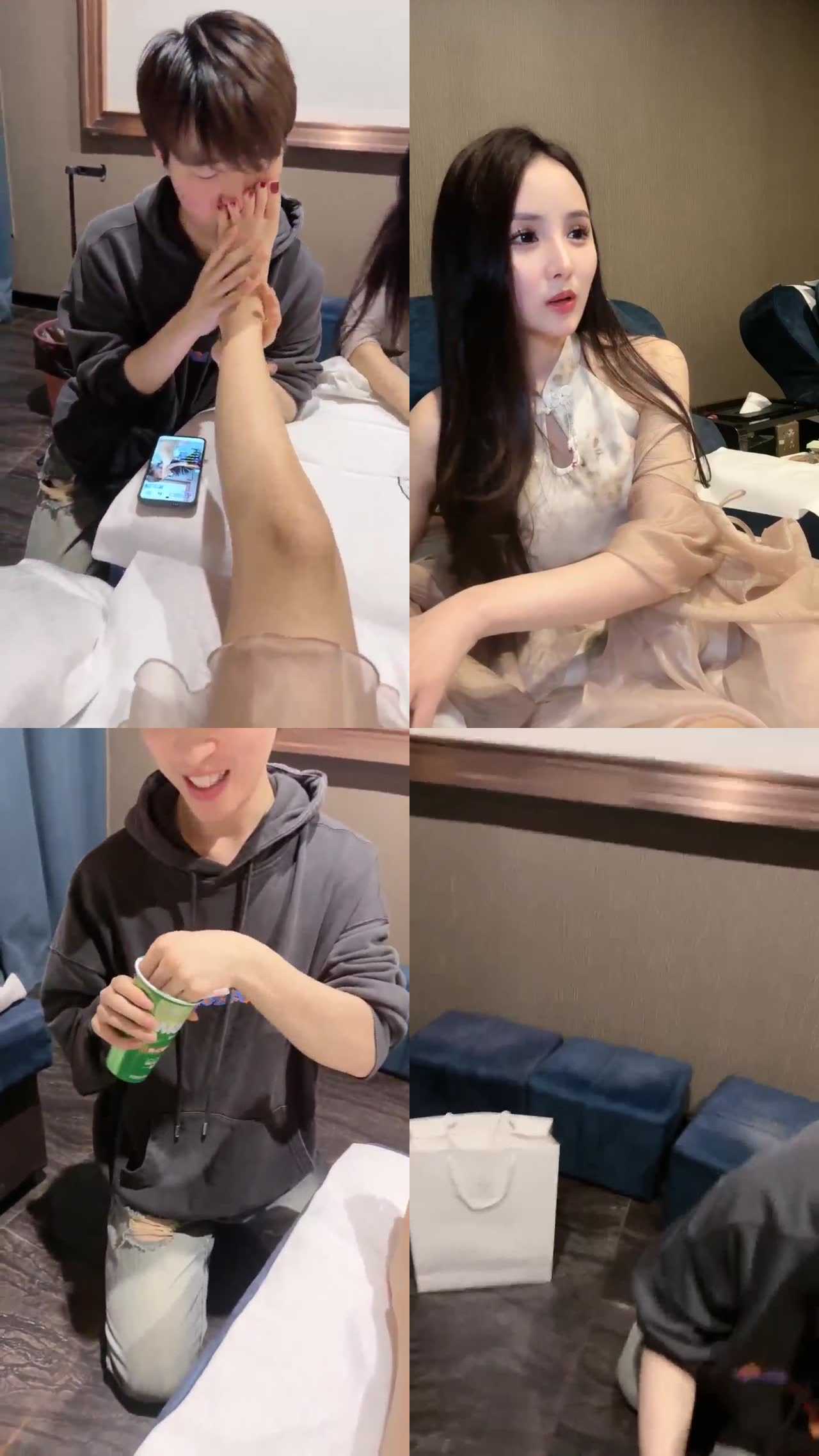 【冰冰女神】在足疗店里当着技师面喝圣水