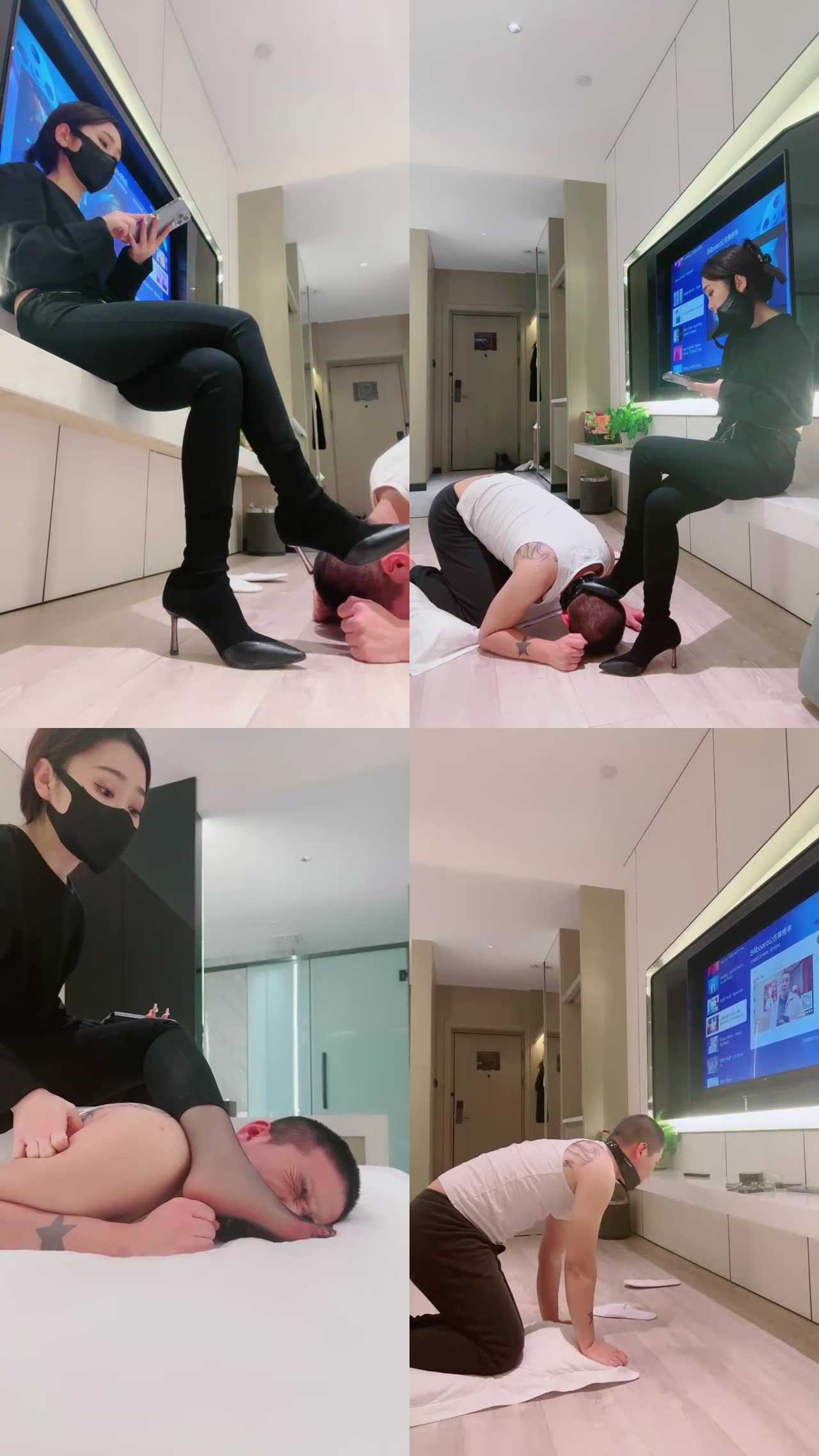 【丝绮】胶带封嘴高跟长靴踩虐